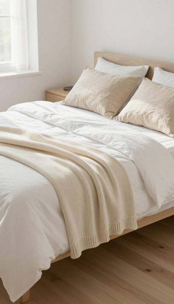 Small guest bedroom with neutral duvet layered with chunky knit throw and linen pillows in warm beige, soft natural light, calm and inviting.