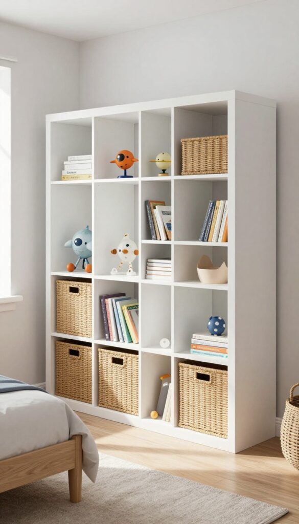 Modern boys bedroom with white modular shelving, open cubbies with space toys, woven baskets, natural light, clean and organized.