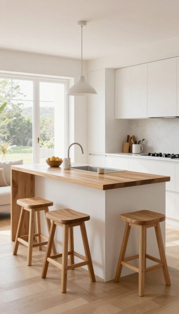 Slim breakfast bar in open kitchen with stools and pendant light