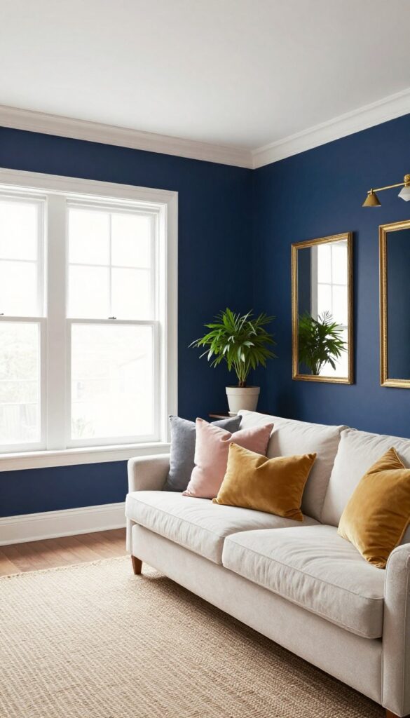 Living room with deep navy walls, white trim, cream sofa, gold accents, and natural light