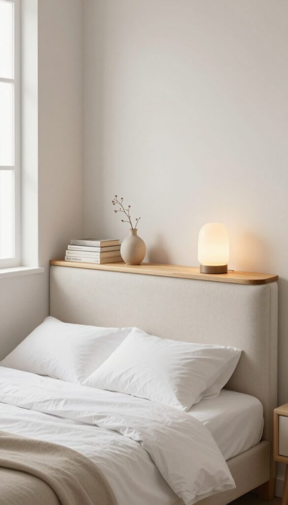 Low profile shelf above headboard with books and lamp in small bedroom