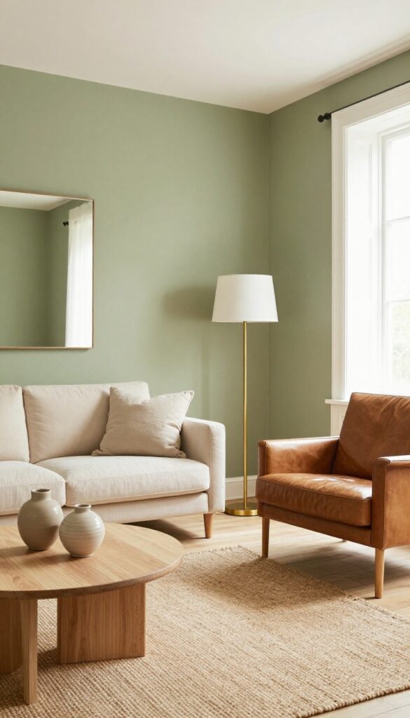 Olive green living room with cream sofa and cognac leather chair