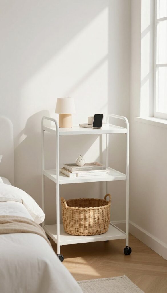 Slim rolling cart used as a side table in a small bedroom with lamp, phone, books, and basket