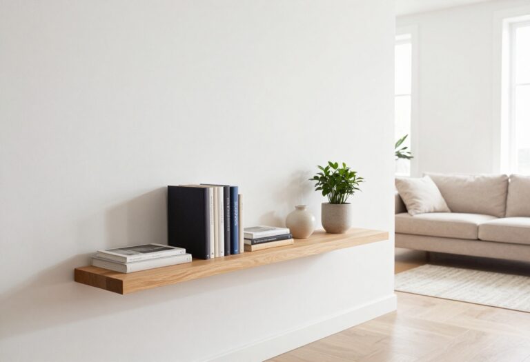 Living room with a floating wooden shelf styled with books, a plant, and a vase, natural light from window