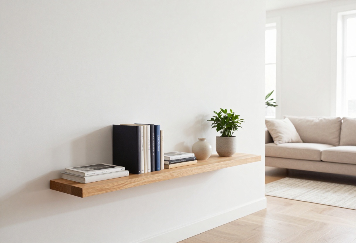 Living room with a floating wooden shelf styled with books, a plant, and a vase, natural light from window