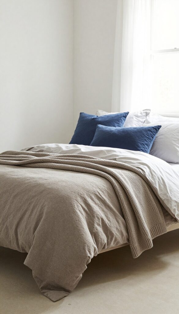 Small men's bedroom with accent pillows and a chunky throw blanket adding texture and warmth to the bed.