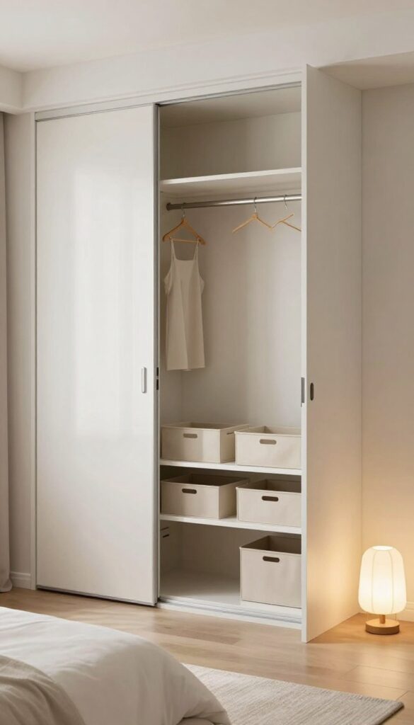 Small double bedroom with mirrored sliding door wardrobe and smart storage