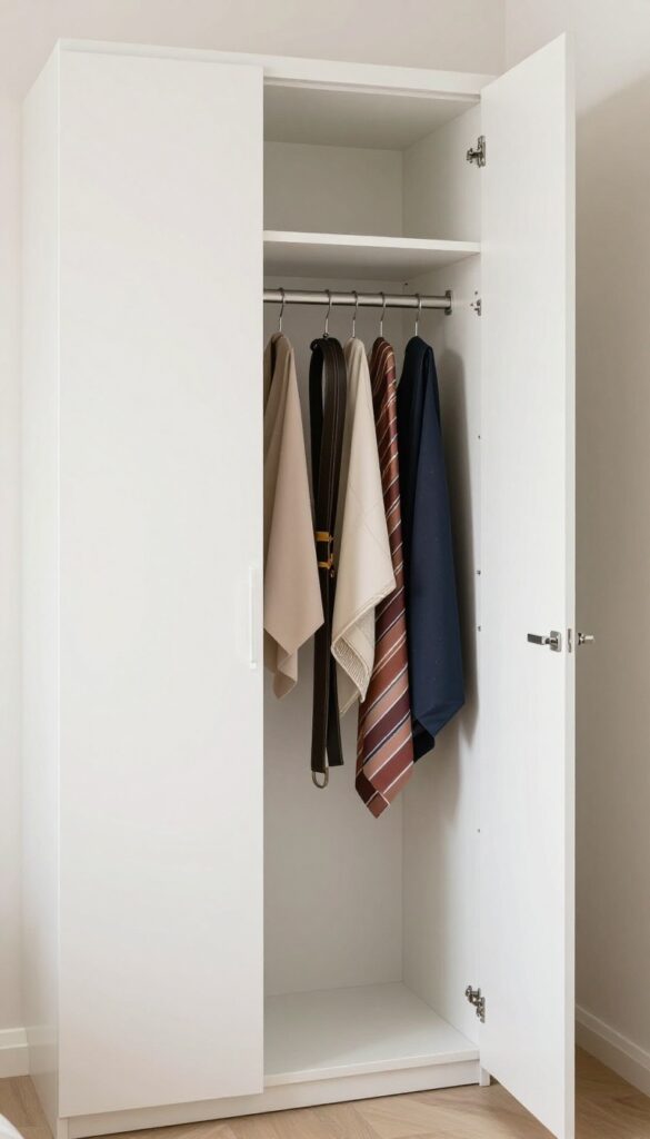 Inside a sliding wardrobe door with pull-out racks for ties, belts, and scarves, keeping accessories organized and visible.