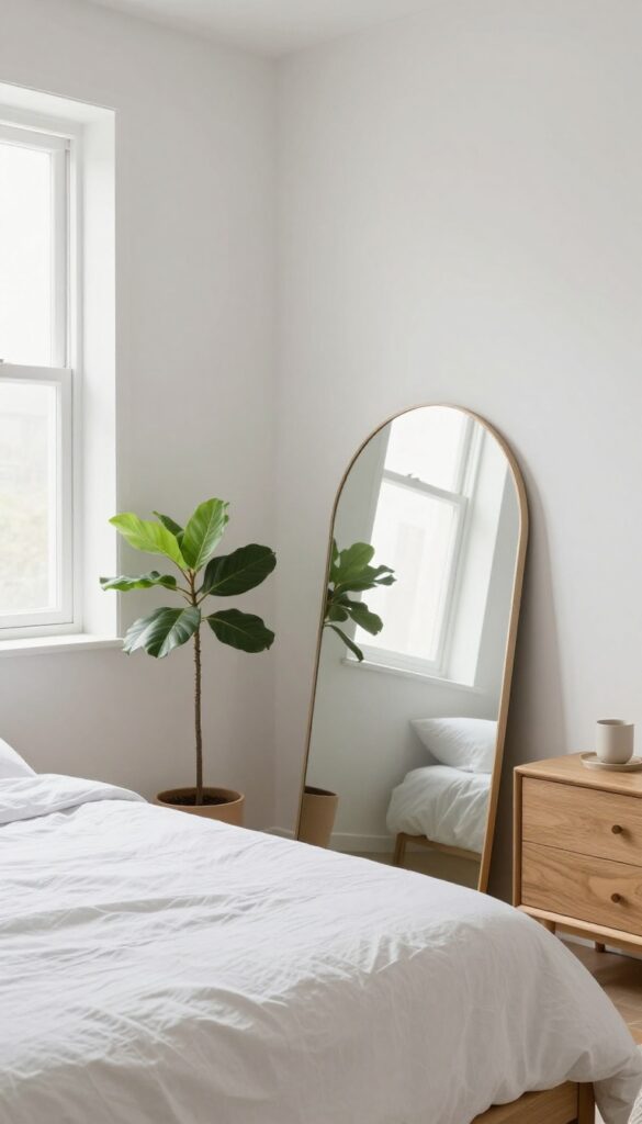 Small bedroom with large round mirror reflecting light, creating a spacious and calm feel