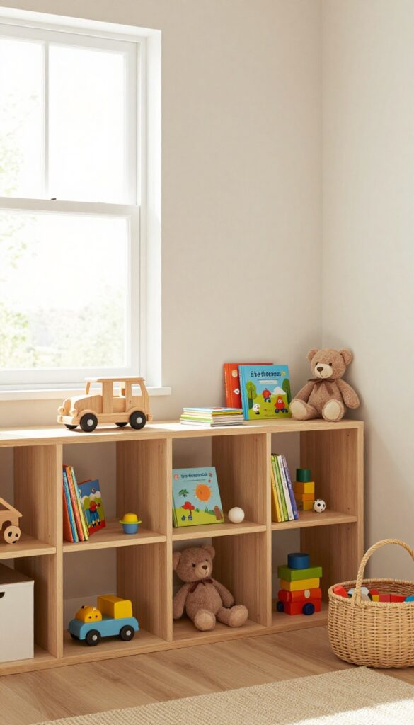 Low wooden shelving in a toddler boy's bedroom displaying a few toys and books, with a basket for blocks, warm natural light, clean and uncluttered.