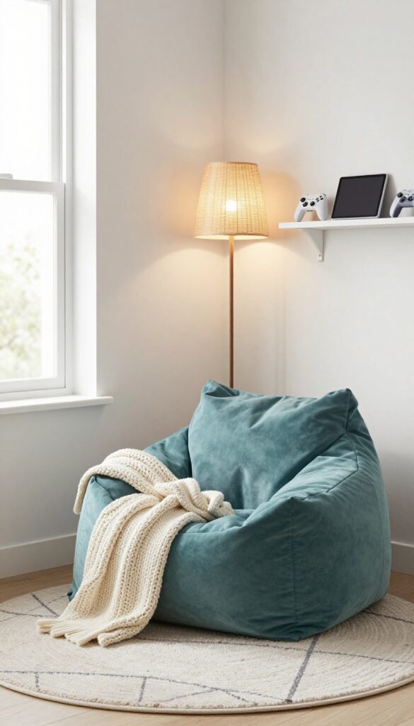 Cozy beanbag corner in a kids' bedroom with floor lamp and shelf