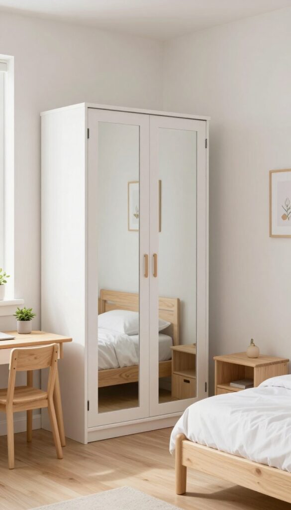 Corner wardrobe with sliding doors in a small kids' bedroom, mirrored doors reflecting light, bed and desk nearby.