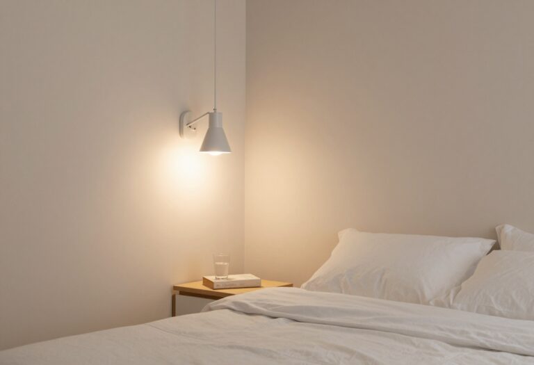 Cozy bedroom with wall-mounted sconce and shelf, warm lighting, soft linens