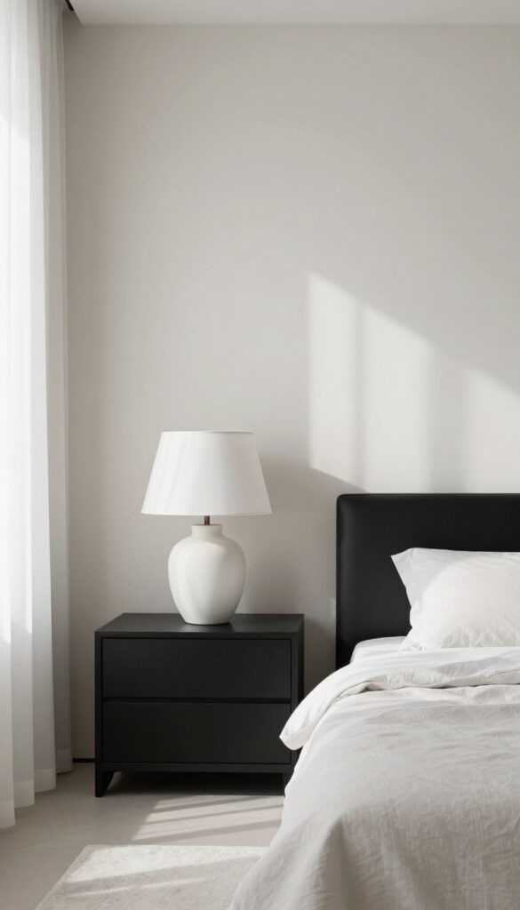 Black nightstands with white lamps on either side of a bed in a modern black and white bedroom