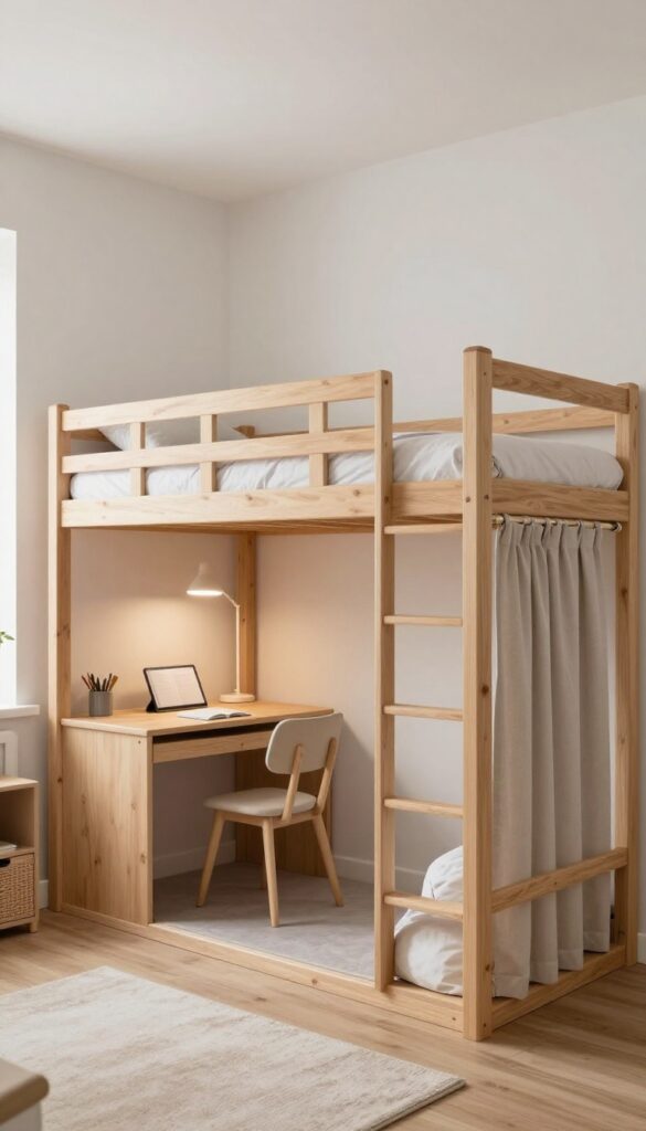 Loft bed with curtains creating a private reading nook underneath in a shared kids' bedroom