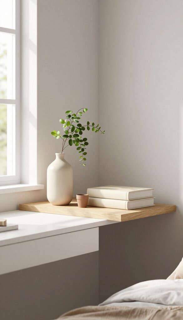 A floating shelf with ceramic vase, trailing plant, and stack of books above a desk in a neutral girls bedroom.