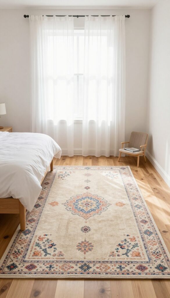 Girl's bedroom with layered rugs: large neutral jute base rug topped with a smaller colorful patterned rug, creating a cozy and textured play or reading zone.