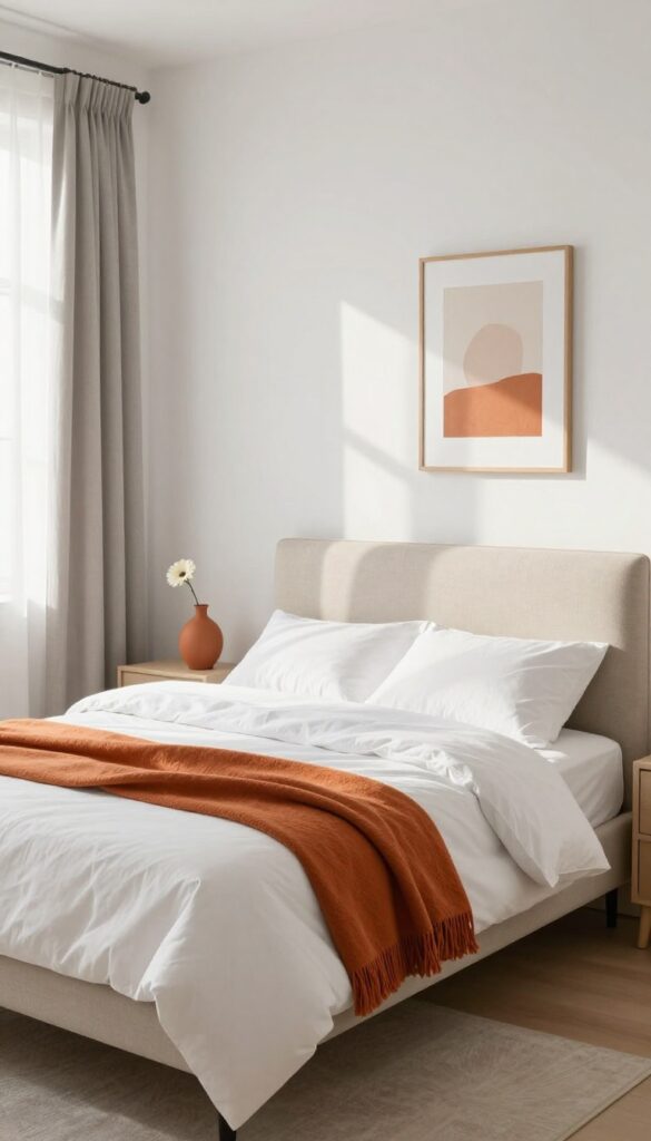 Small guest bedroom with neutral base and burnt orange accent color