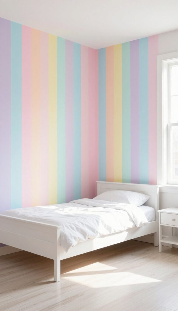 Girls bedroom with pastel rainbow stripe accent wall, white furniture, and natural light
