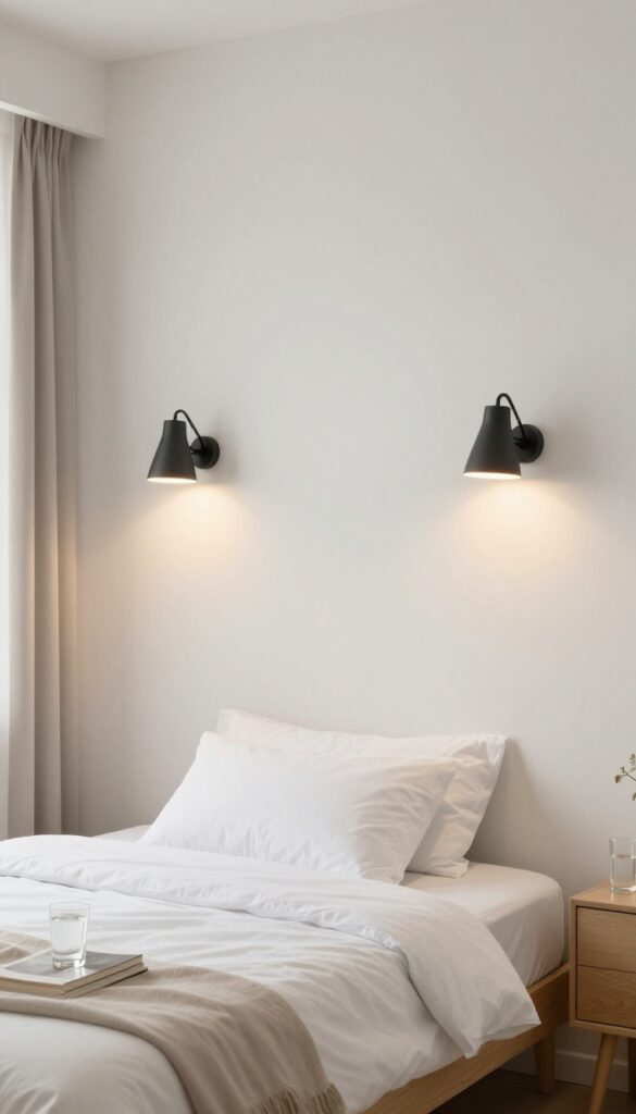 Small guest bedroom with wall-mounted sconces above a bed, freeing nightstand space for a book and glass of water.