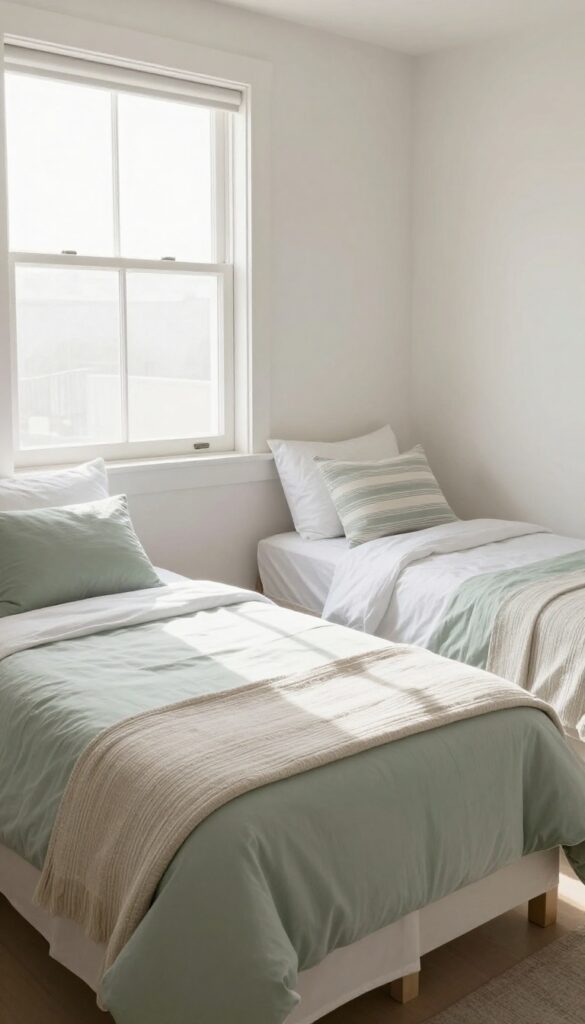 Two twin beds with coordinating but not matching bedding in sage green and white, with striped shams and textured throws, in a bright guest room.