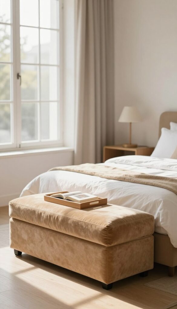 Small spare bedroom with a multifunctional storage ottoman at the foot of the bed, topped with a wooden tray and decor.
