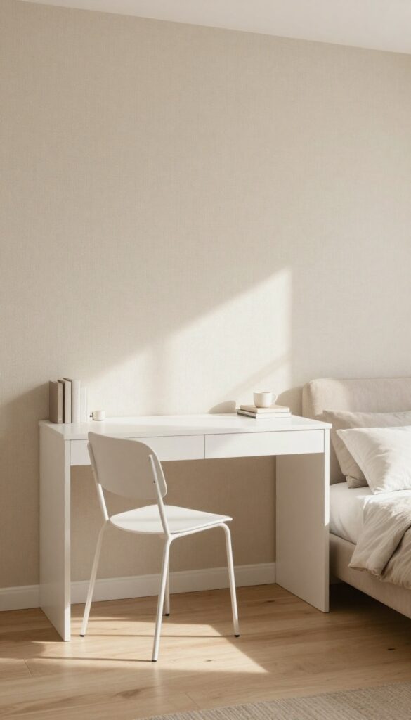 Neutral textured wall art in a light and airy guest bedroom office
