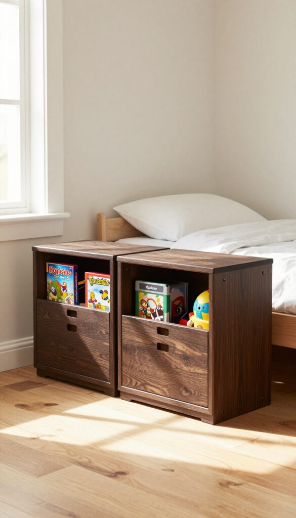 Two dark brown storage chests with cross patterns on a wooden floor in a bright, airy bedroom, filled with toys and games.