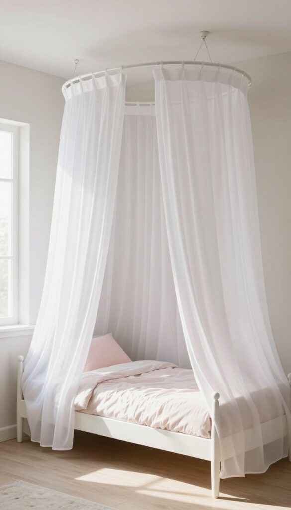 A girl's bedroom featuring a DIY canopy made from curtain panels draped over a bed, creating a cozy and dreamy hideaway.