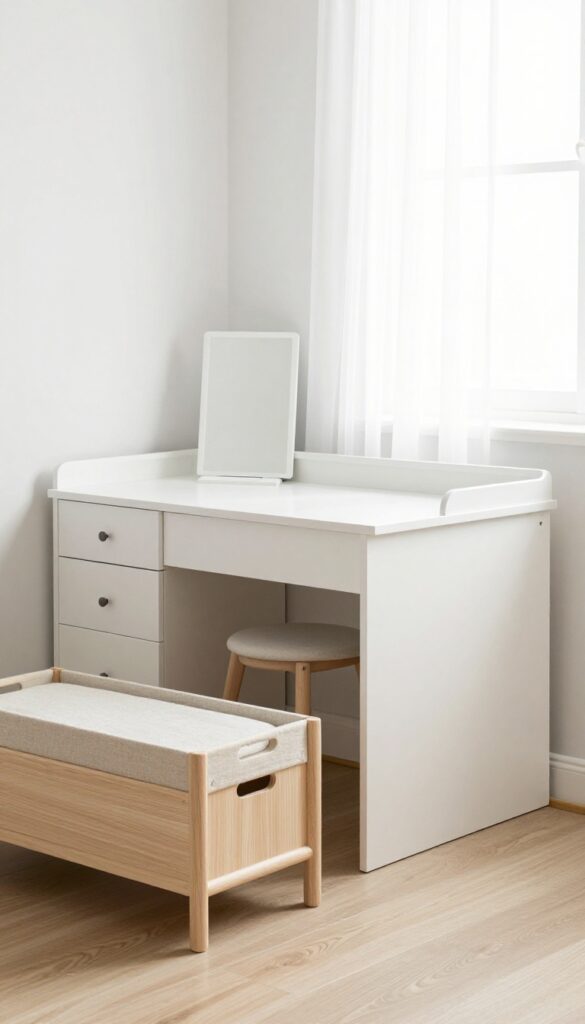 Small bedroom with multipurpose furniture including a bed with built-in drawers, storage ottoman, and fold-down desk vanity.