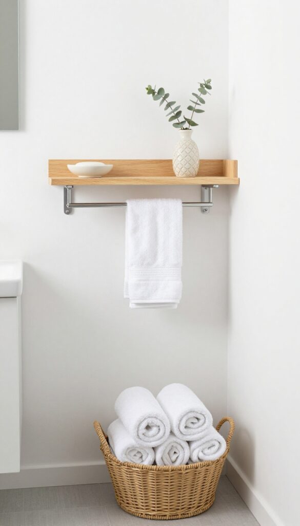 Small guest bathroom with floating shelf replacing vanity, minimalist decor with eucalyptus and rolled towels.