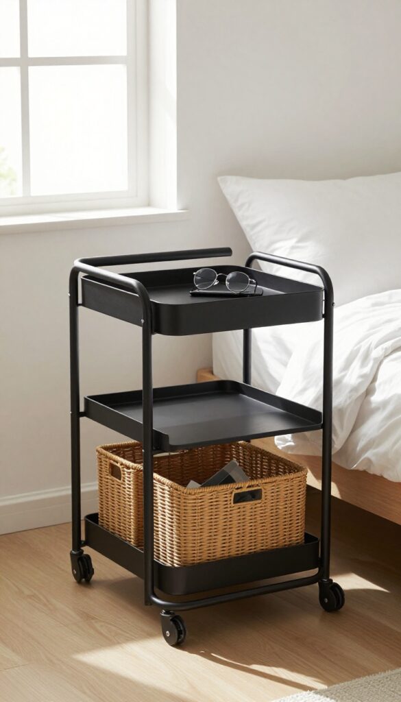 Small bedroom with a matte black rolling cart beside the bed, holding a tray and woven baskets, bright natural light