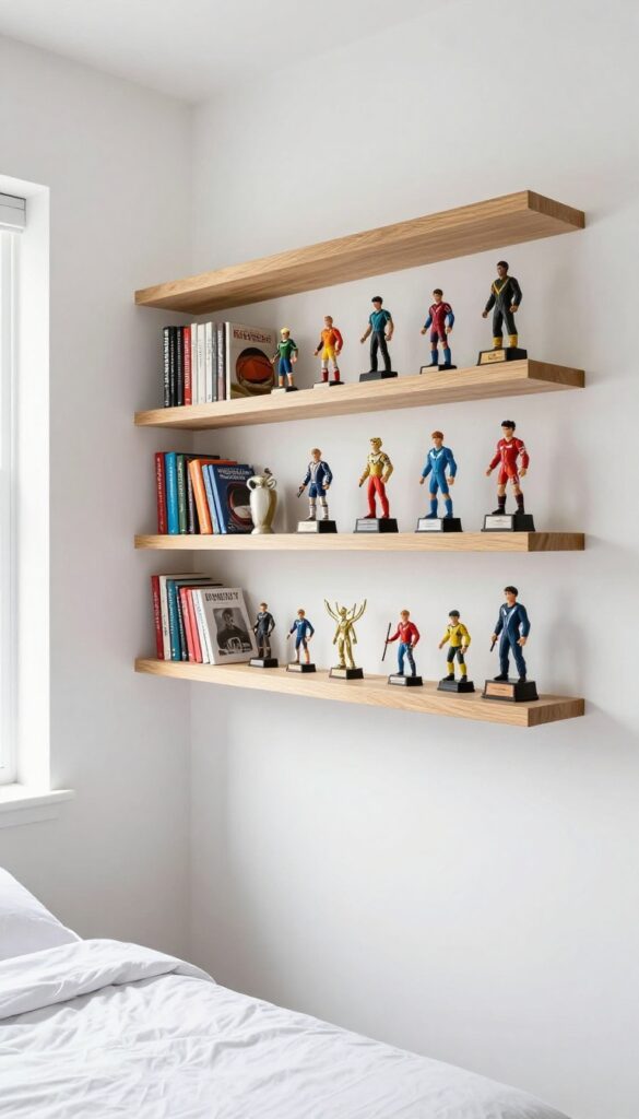 Boy's bedroom with floating shelves displaying trophies, action figures, and books in a clean, curated arrangement.