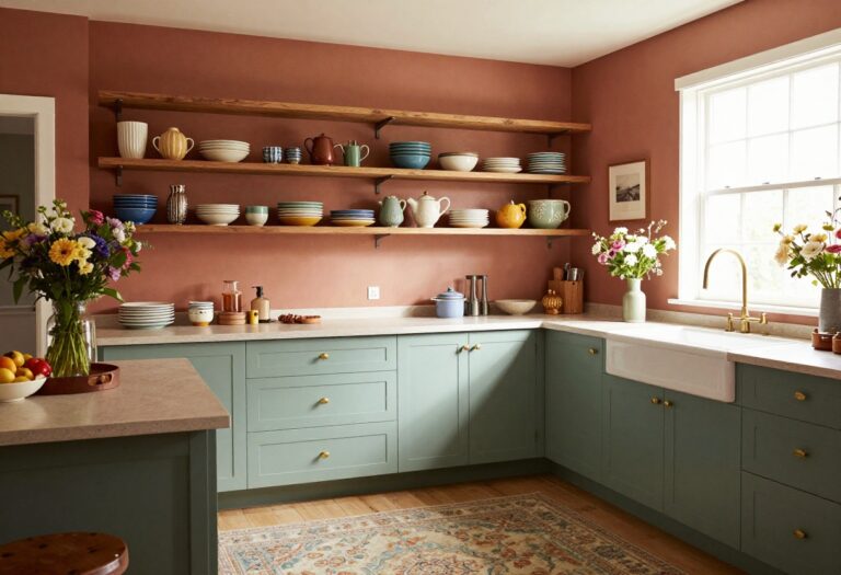 Warm colourful kitchen with terracotta tiles, sage green cabinets, and open shelving