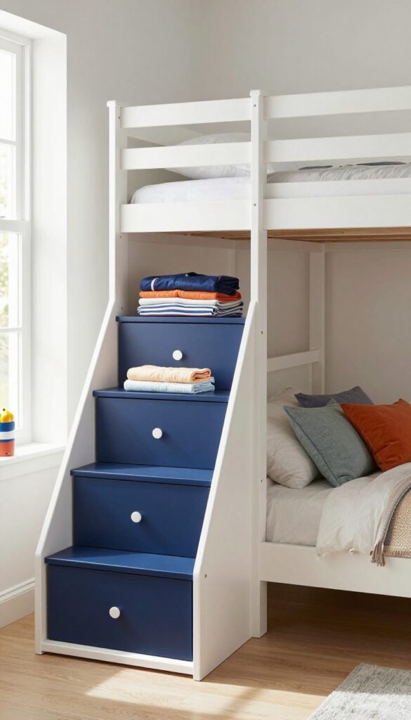 Bunk bed with built-in storage stairs in a shared kids bedroom