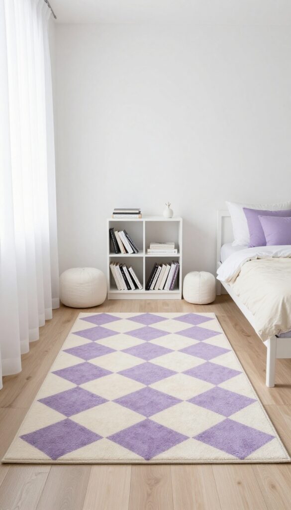Girls purple bedroom with a purple geometric rug over neutral hardwood floor, soft whimsical style.