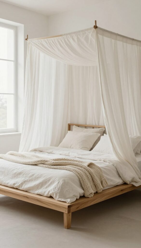 Boho bedroom with low wooden platform bed and white linen canopy