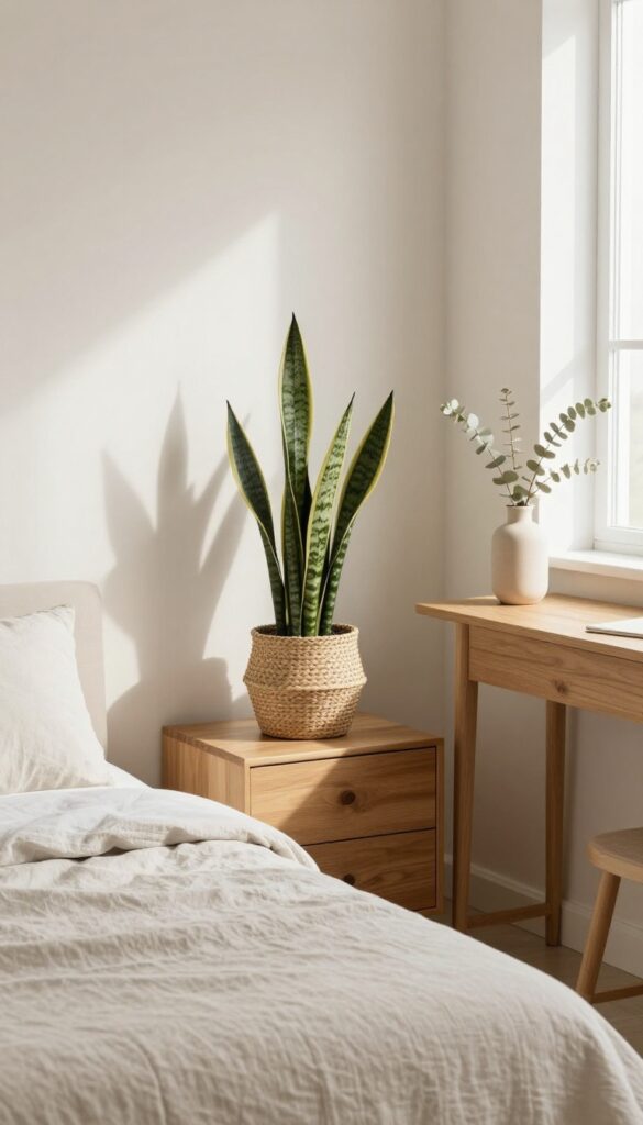 Teenage boy's bedroom with snake plant and dried eucalyptus adding natural elements