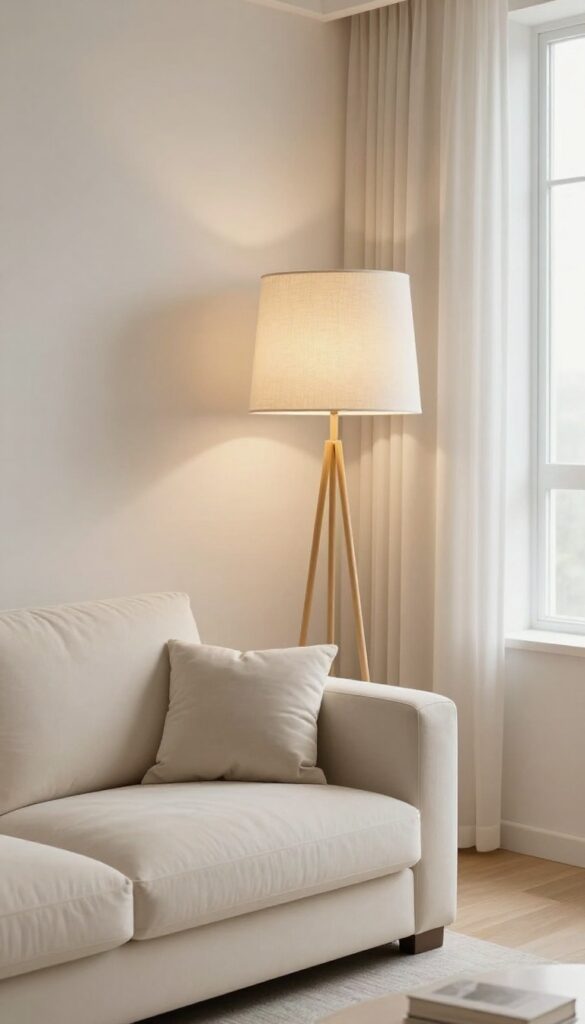 Cream couch with a statement floor lamp emitting warm light in a cozy living room