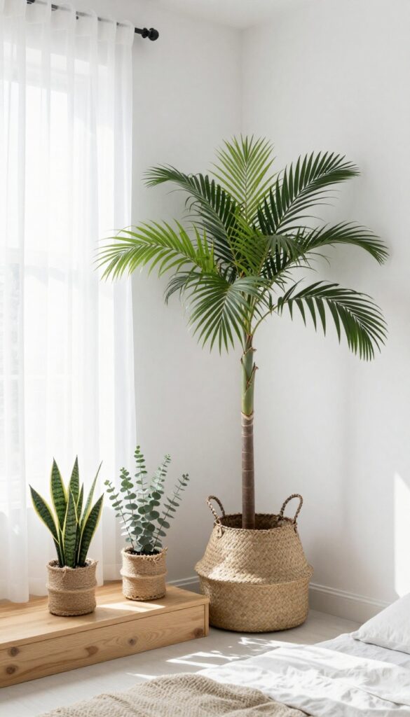 Bright beach bedroom with tall potted palm in woven basket and small plants on windowsill, natural light, coastal decor.