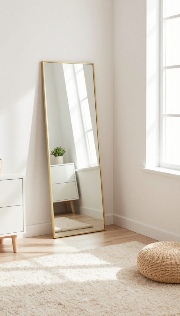 Full-length leaning mirror with gold frame in a bright preteen girl's bedroom, reflecting light and space.