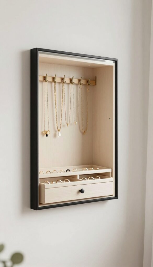 Mirror with built-in jewelry cabinet in a small bedroom, open to show organized necklaces and rings, with natural light and minimalist decor.