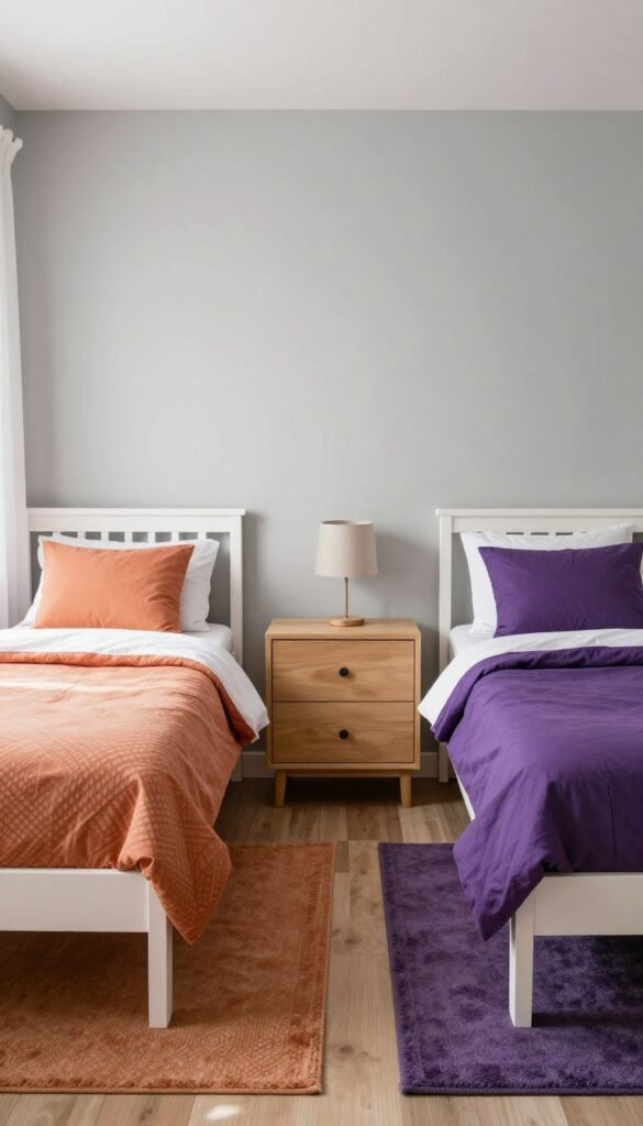Shared bedroom with neutral greige walls, two twin beds with orange and purple bedding, and matching rugs in each color zone.