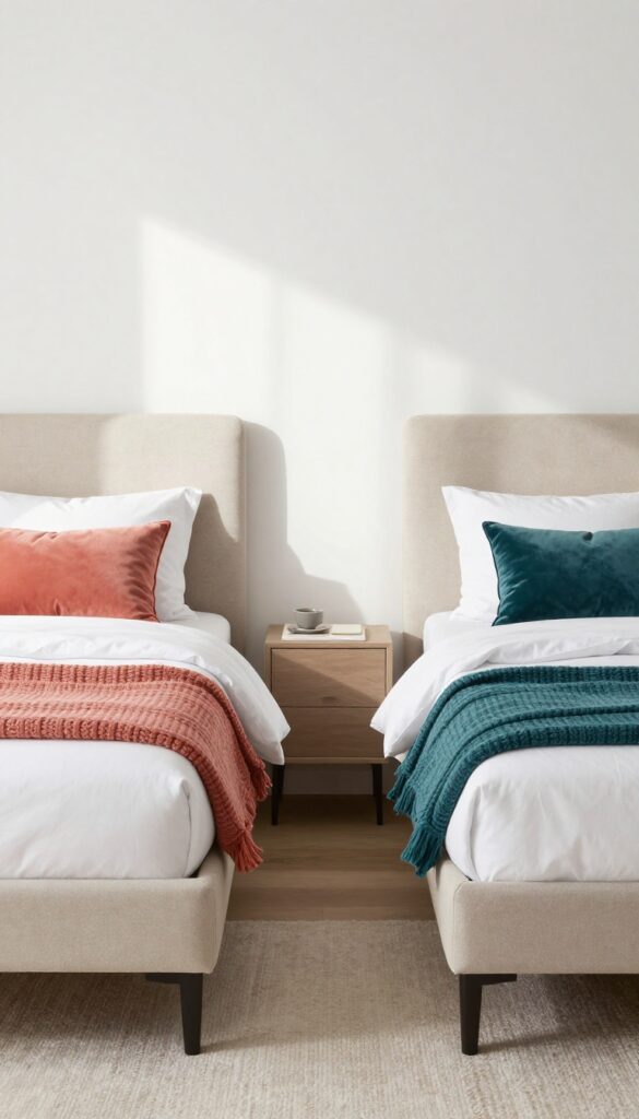 Twin girls bedroom with matching beige upholstered beds, contrasting coral and teal throw pillows, bright natural light, clean and cohesive design.
