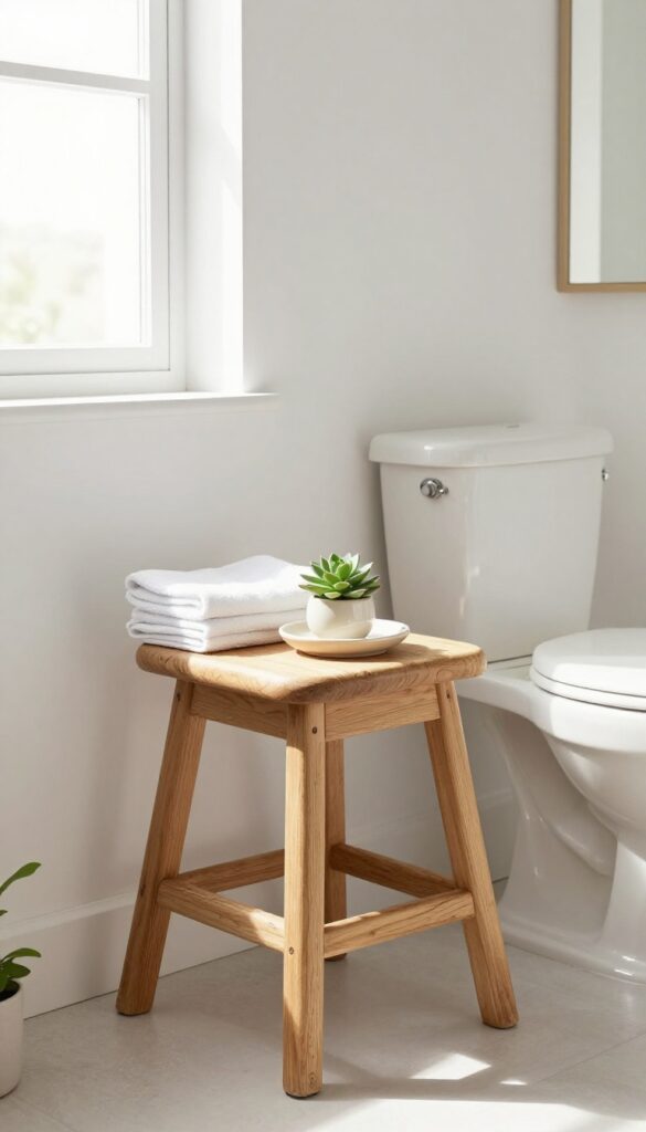 A vintage stool used as a side table in a powder room, holding a succulent and guest towels.