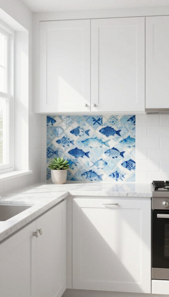 A bright kitchen with white cabinets and a blue-and-white patterned peel-and-stick backsplash behind the stove.