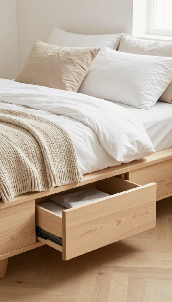 Platform bed with built-in drawers in a small bedroom