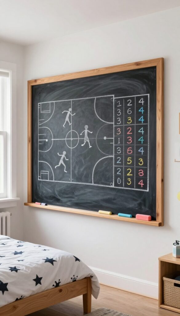 A boy's bedroom with a chalkboard wall featuring sports plays and scores, framed in wood with chalk and eraser on a ledge.
