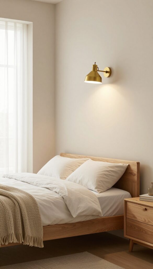 Murphy bed room with swing-arm sconce providing warm layered lighting