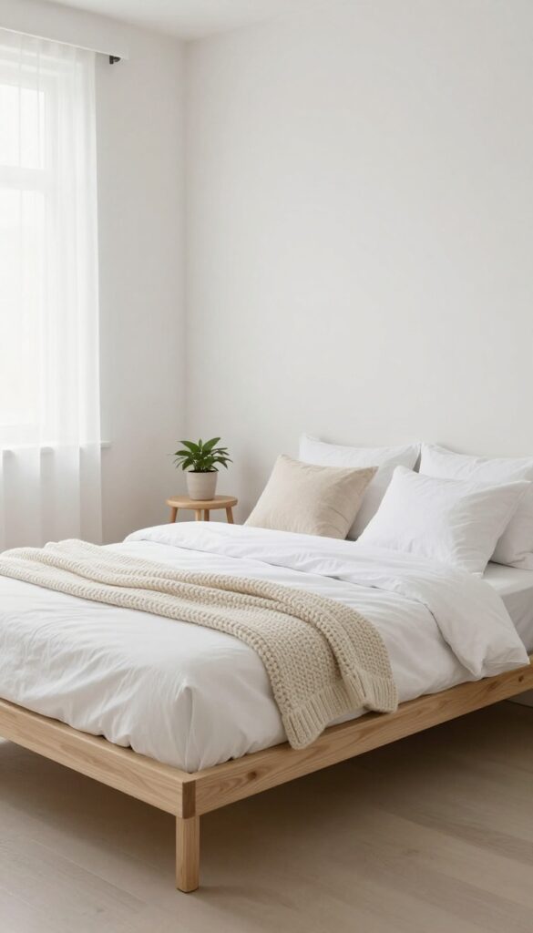 Low-profile bed frame in a small bright bedroom with textured bedding and a wooden stool side table